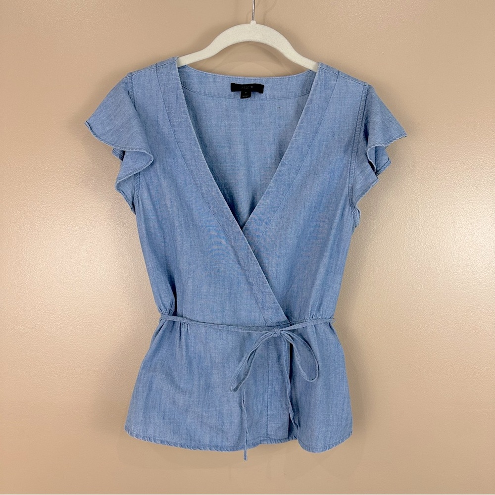J. Crew Chambray Blue Flutter Sleeve Blouse